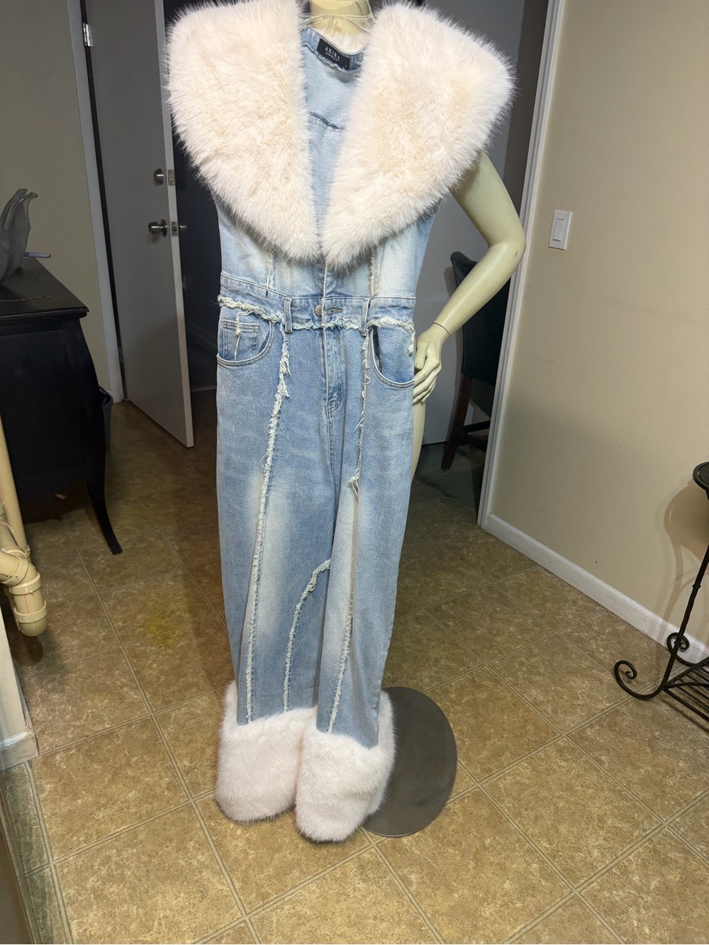 AKIRA Light Blue Denim Jumpsuit with Cream Fur Collar and Cuffs